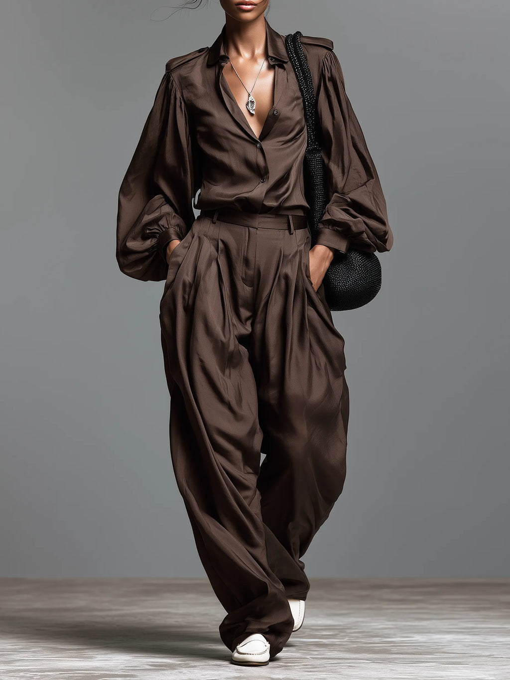 Women's Minimalist Matte Satin Long-Sleeve Shirt And Wide-Leg Trousers Set With Shoulder Epaulettes MDZ2044G0WY