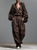 Women's Minimalist Matte Satin Long-Sleeve Shirt And Wide-Leg Trousers Set With Shoulder Epaulettes MDZ2044G0WY