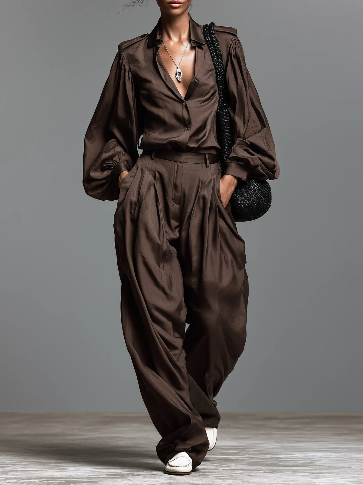 Women's Minimalist Matte Satin Long-Sleeve Shirt And Wide-Leg Trousers Set With Shoulder Epaulettes MDZ2044G0WY