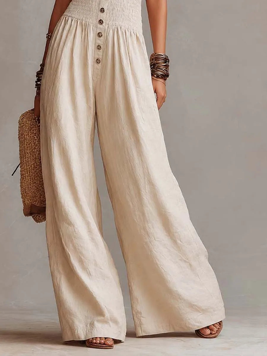 Natural Linen Halter Neck Smocked Waist Wide-Leg Jumpsuit