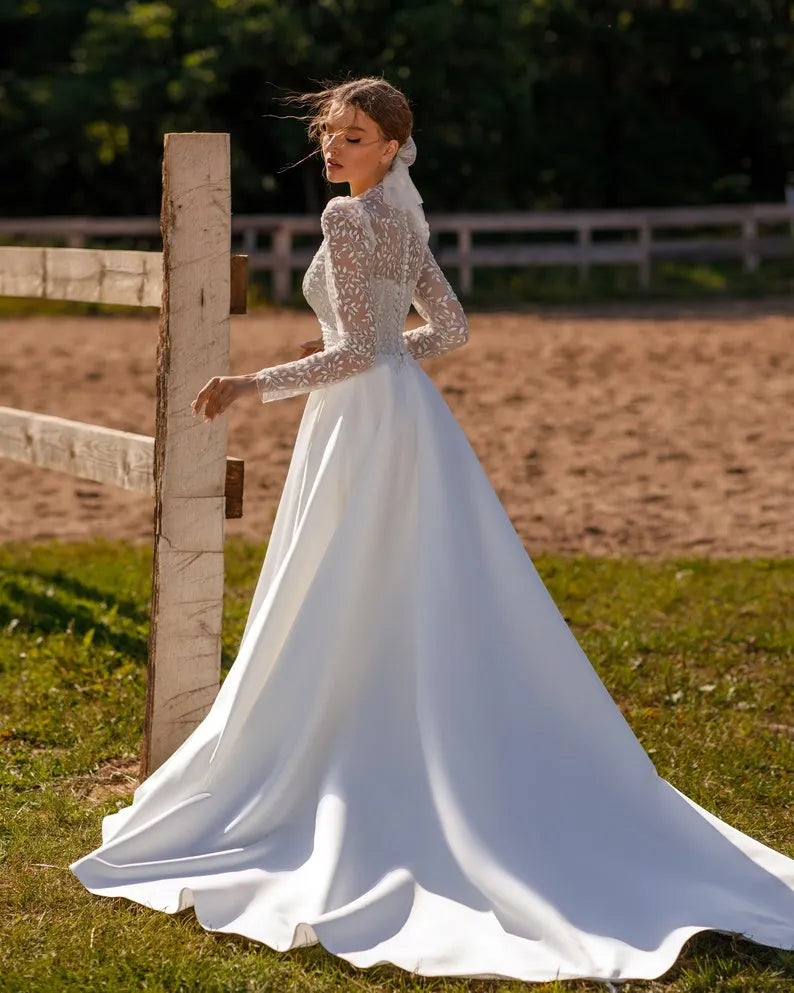 satin lace ivory bride bridal sexy a line wedding dress off white long sleeve formal ceremony summer beach light button train leaf drapery