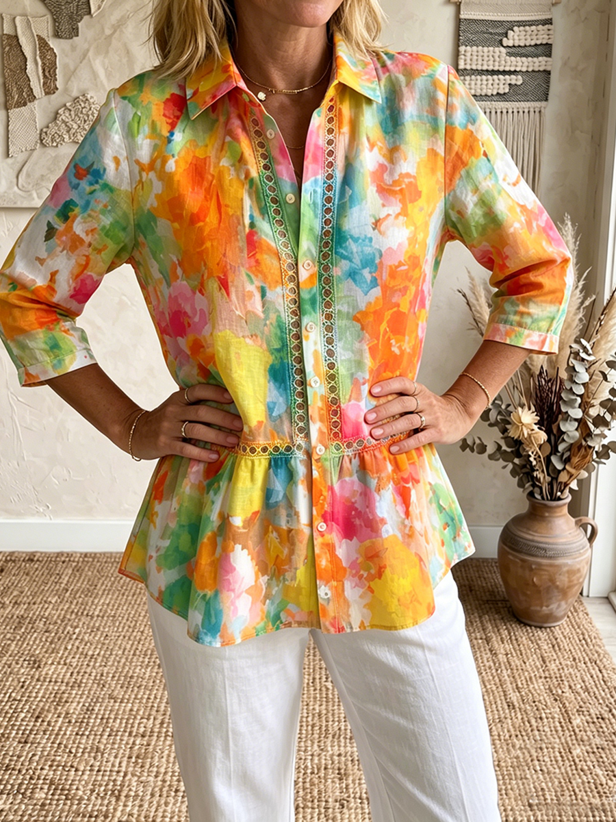 Artistic Cutout Lace-trimmed & Watercolor-print Cotton-linen Blouse