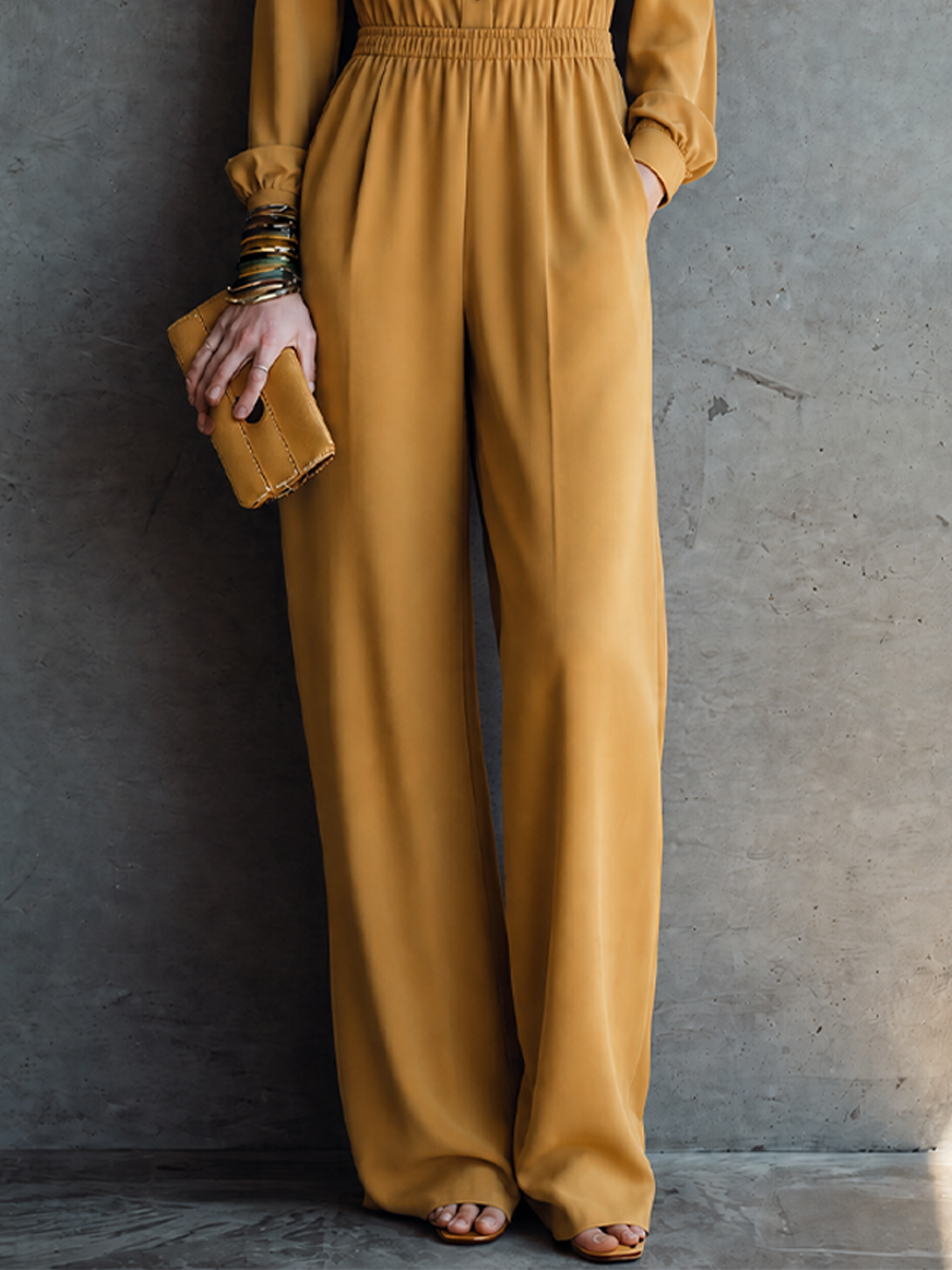 Women's Elegant Mustard Yellow Cotton Blend Button-Front Elastic Waist Wide-Leg Jumpsuit MDZ2276G9GMJ