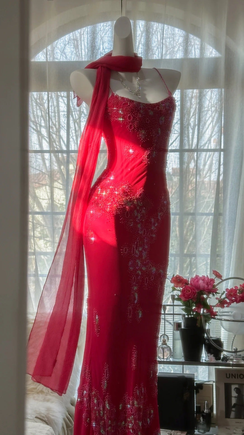 Red Romantic Gorgeous Fashion Elegant Exquisite Beaded Long Chiffon Ball Gown Evening Dress Birthday/Wedding Guest/Vacation Party Dress Prom Dress Valentine's Day Date Dress 4027