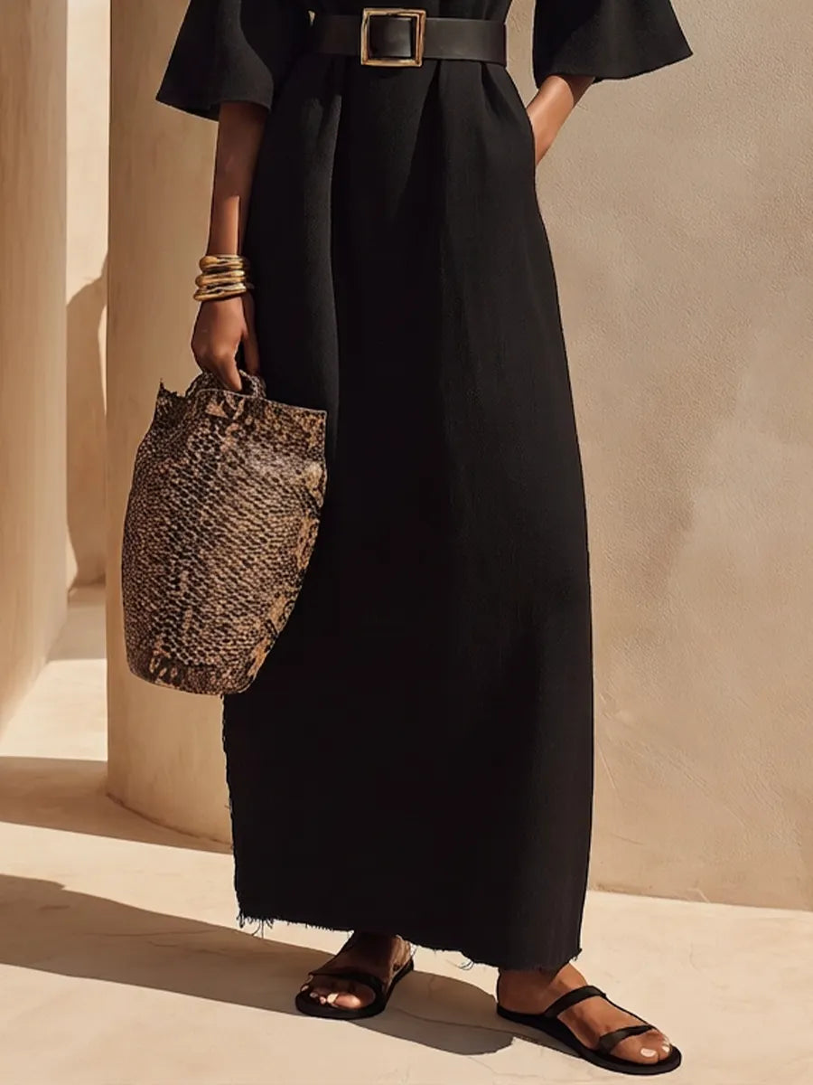 Women’s Black Crew Neck Flare Half Sleeve Raw Frayed Hem Midi Maxi Dress With Side Pockets MDZ0263G4YZJ