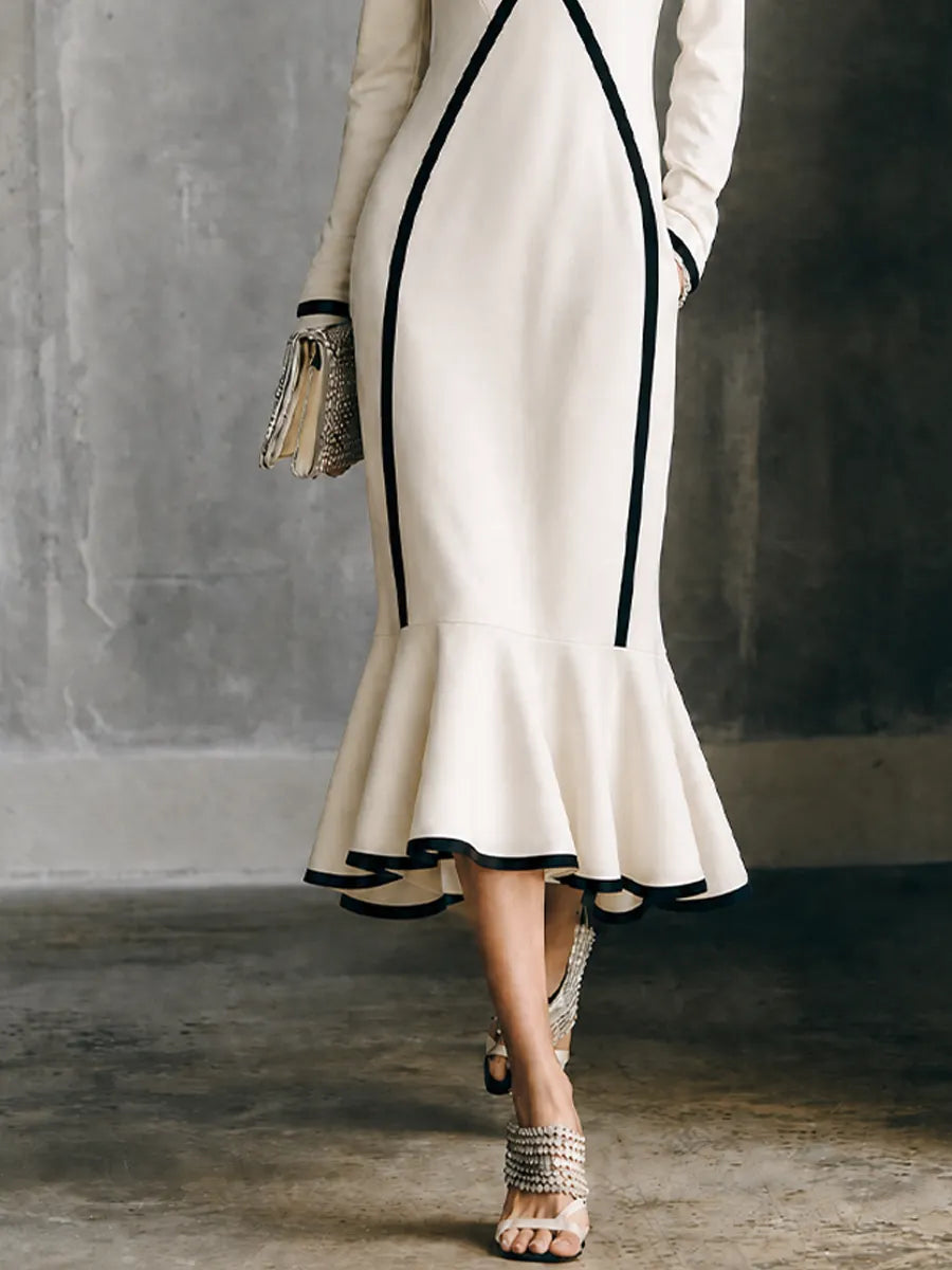 Women's Luxury Commuter Off White Cotton Blend V Neck Contrast Binding Flared Long Sleeve Midi Dress MDZ1529G7GMJ