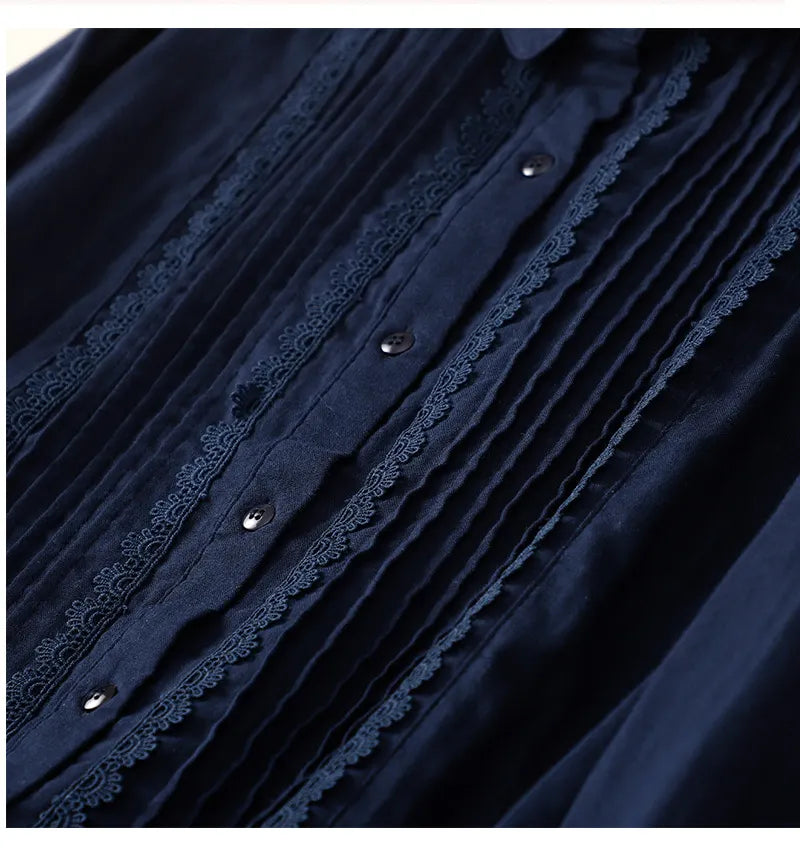 Women's Patchwork Lace Trim Linen And Cotton Pleated Shirt