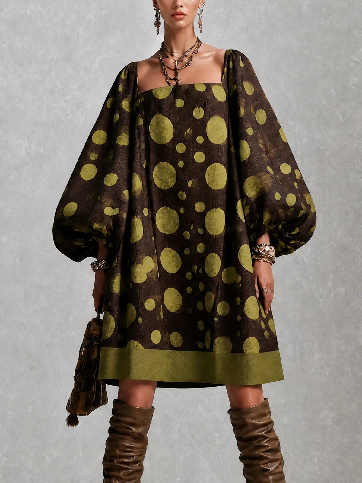 Olive Polka Dot Balloon Sleeve Mini Dress