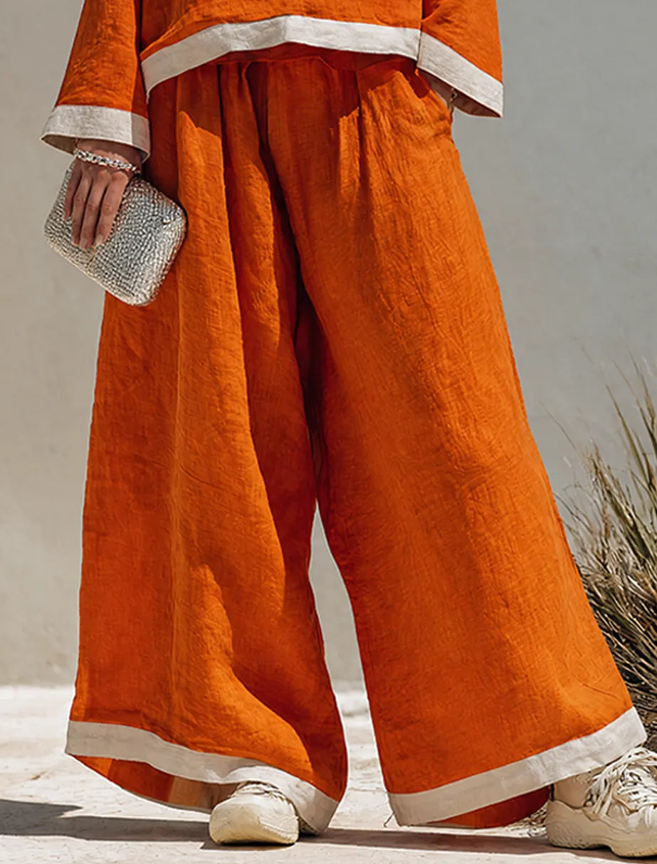 Women's Cotton-Linen Blend Square-Neck Long-Sleeve Top & Wide-Leg Pants Set With Contrast Trim MDZ0892G3ZRK
