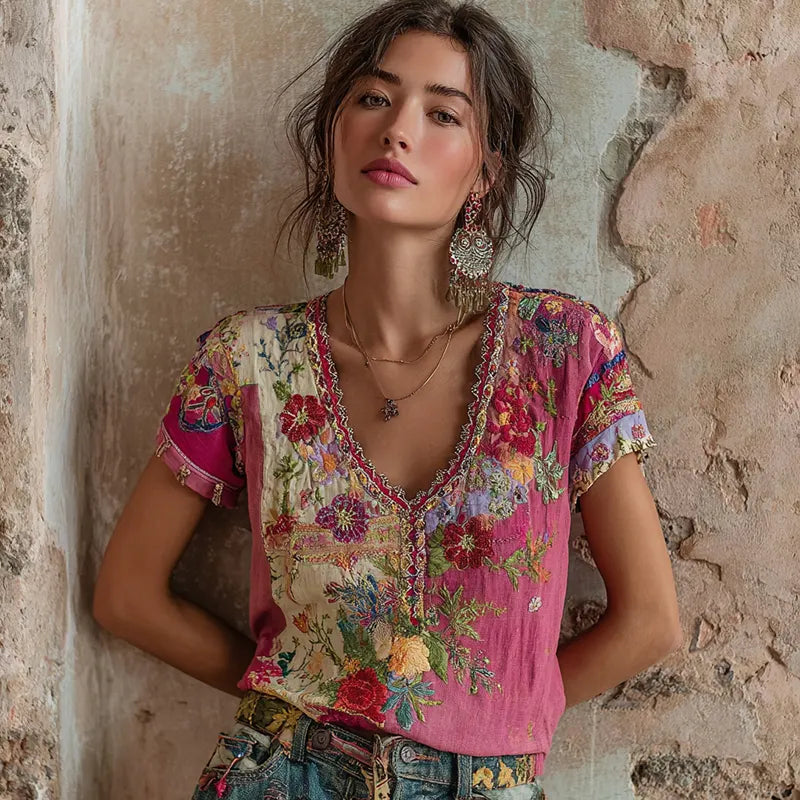 Women's Bohemian Floral Embroidery Art V-neck Contrast Color Linen Blend T-shirt