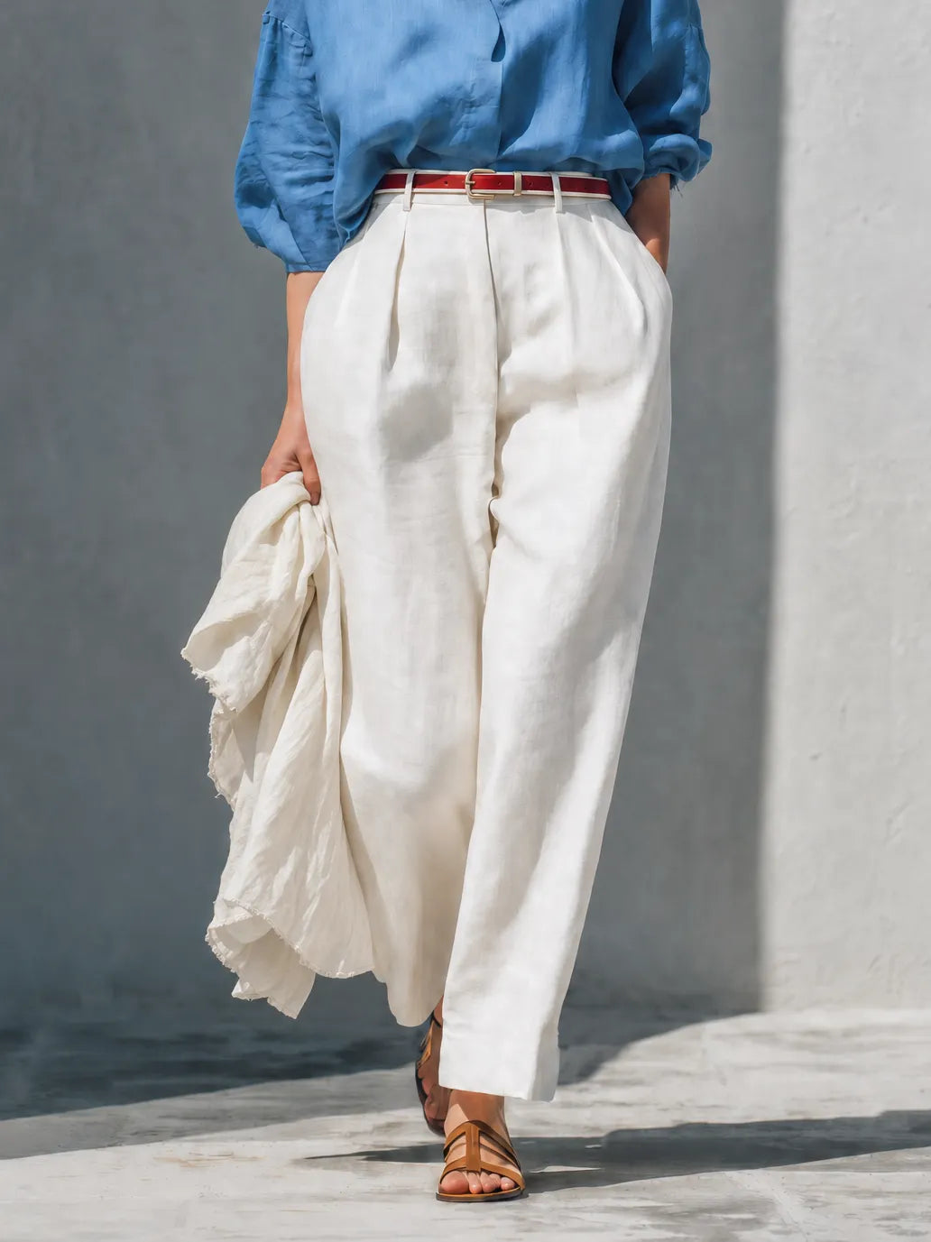 Women's Casual Linen Blend Two-Piece Set — Dusty Blue Oversized Collared Long Sleeve Shirt & Ivory High-Waisted Wide-Leg Trousers MDZ0345G8O