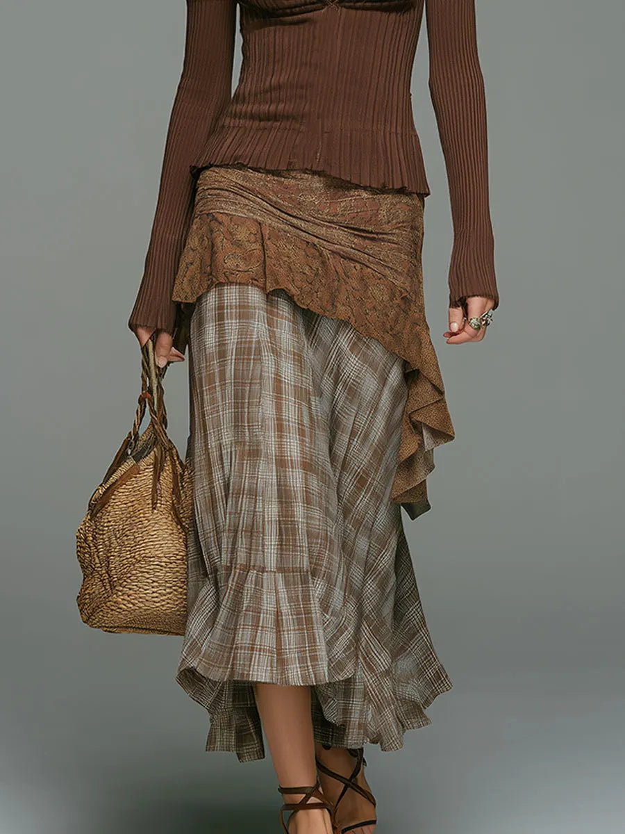 Vintage-style Top With Detachable Sleeves & Plaid-panel Skirt Set