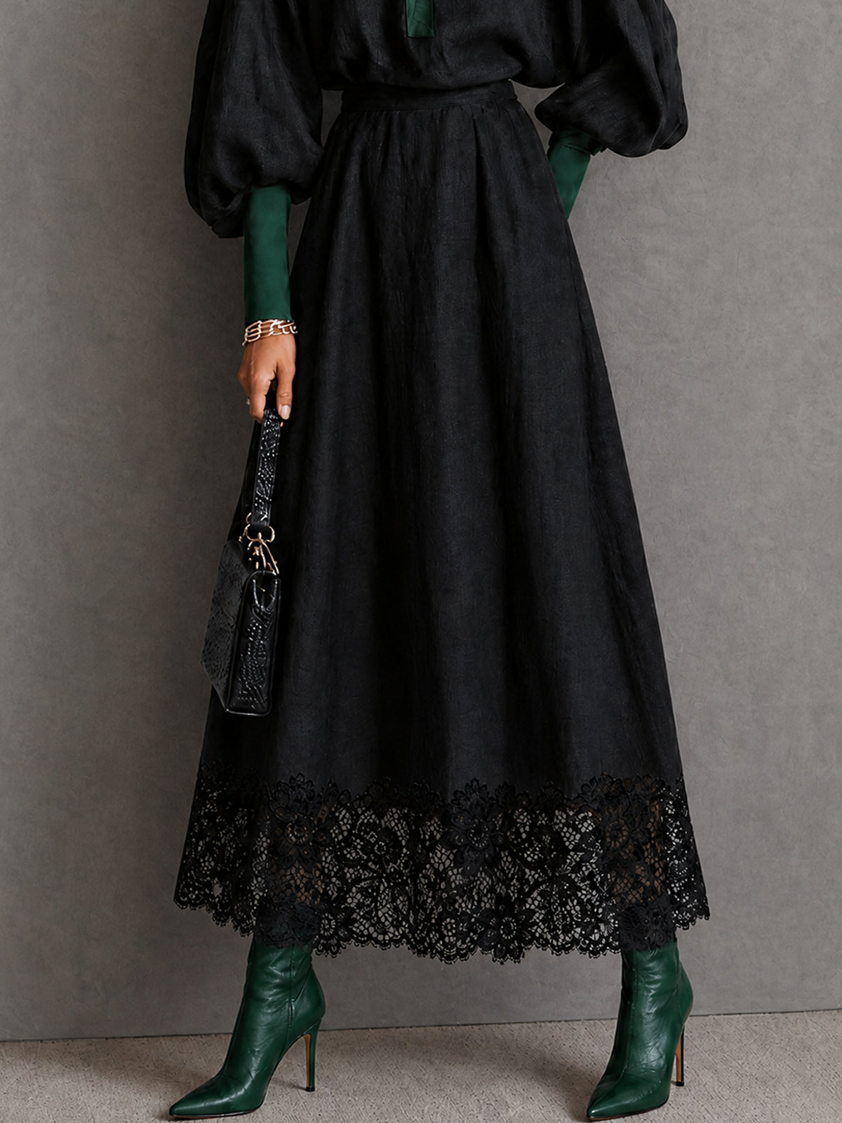 Contrast Collar Puff Sleeve Lace Hem Maxi Dress Set