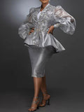 Fashion Puff Sleeve Printed Ruffle Net Yarn Two-Piece Skirt Suits Set