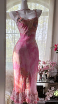 Pink gorgeous gradient exquisite beaded lace long chiffon fairy ball gown evening dress wedding party dress prom dress graduation date dress 3990
