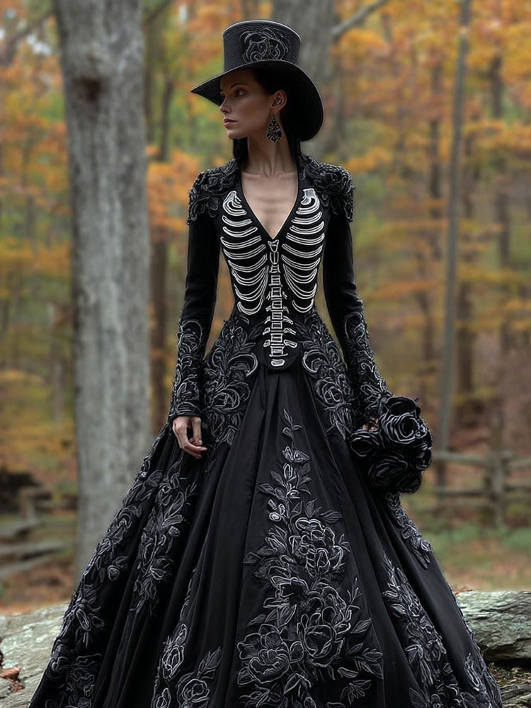 Classy Skeleton Flowers Embroidered Flowy Maxi Dress