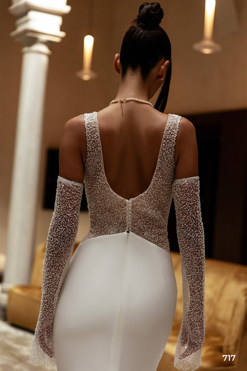 Mermaid wedding dress 717, Cathedral wedding dress, Lace wedding dress, Detachable sleeves wedding dress, 3/4 sleeves wedding dress
