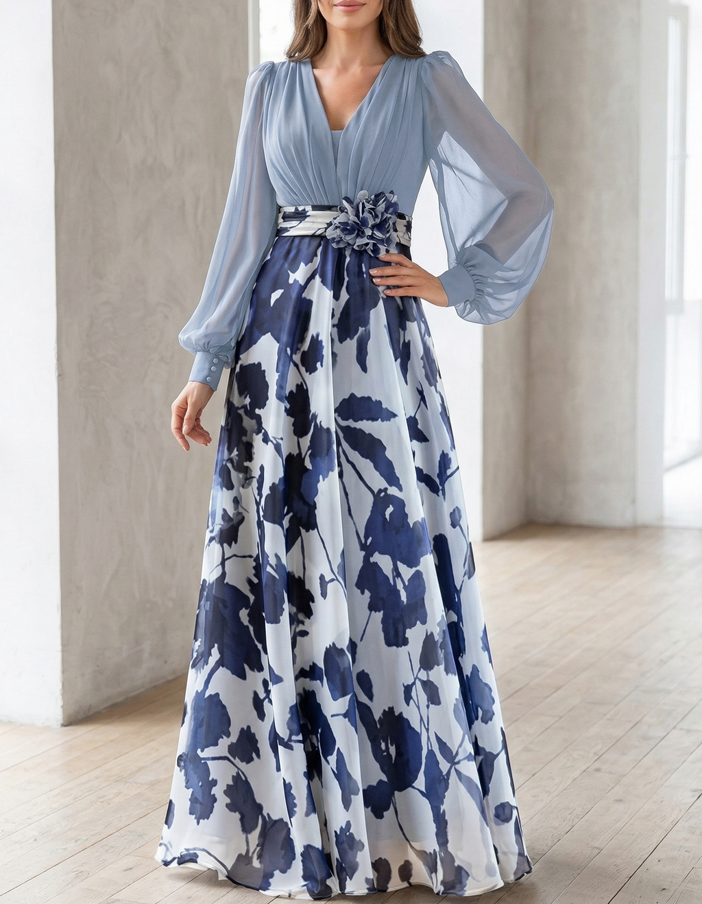 Blue-Grey Chiffon Printed V-Neck Fitted Waist Maxi Dress