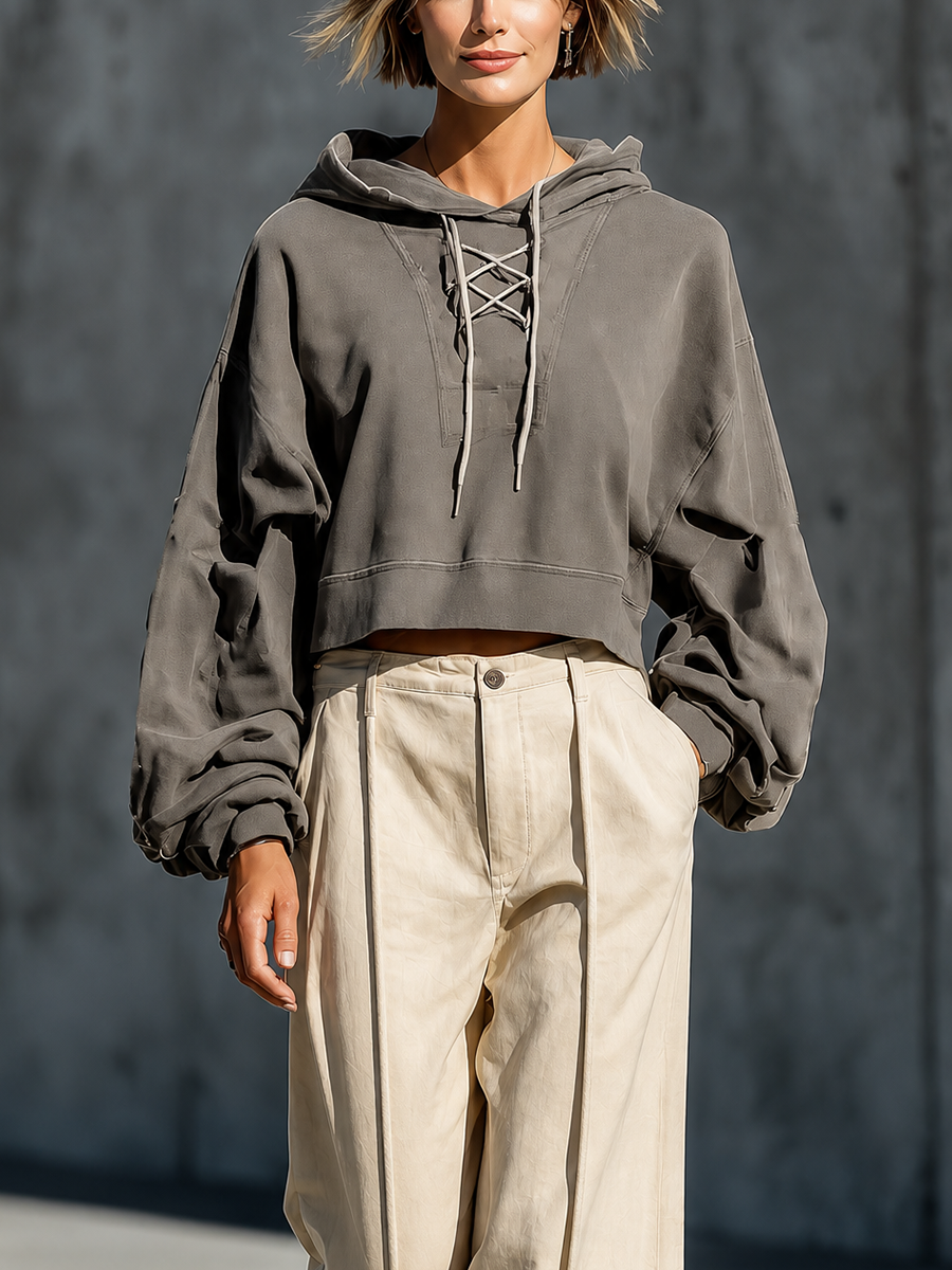 Women's Vintage Gray Crisscross Lace Up Cropped Hoodie Oversized Long Sleeve Top Cream Front Seam Wide Leg Trouser Matching Set MDZ2738G7YZJ