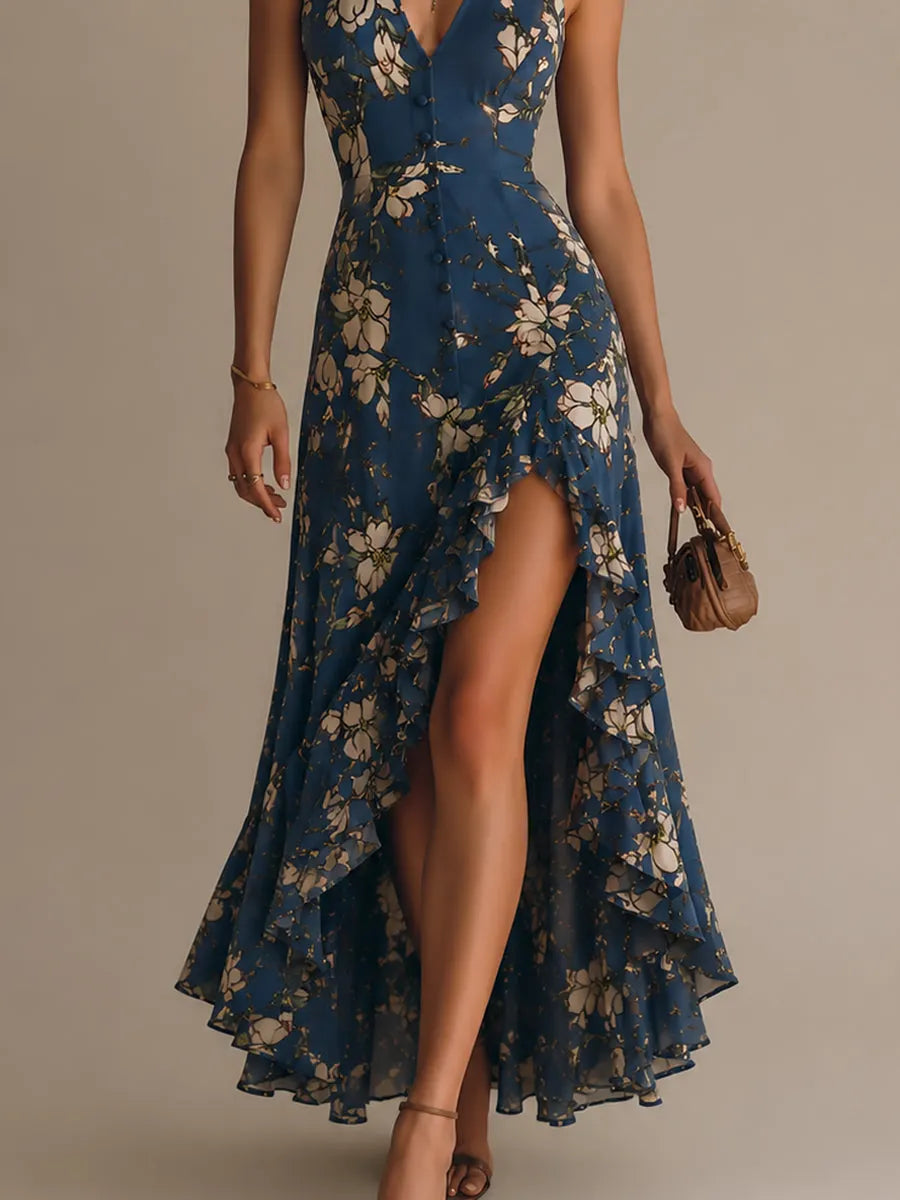 Vintage Halter-neck Printed Maxi Dress With A High Slit And Ruffled Hem