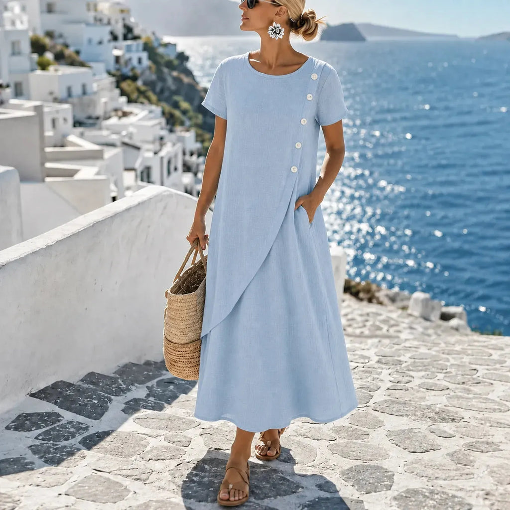 Sumlor – Asymmetric Button Midi Dress with Pockets for Summer