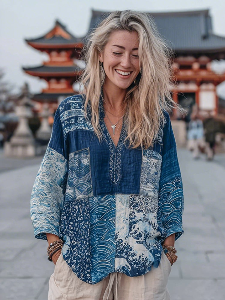 Women's Japanese Style Floral Wave Patchwork Pattern Cozy Top