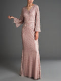 V-Neck Long Sleeve Lace Maxi Dress