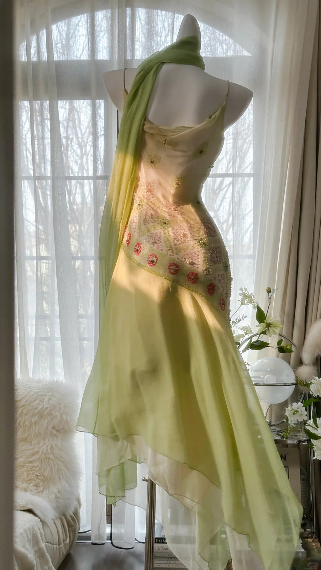 Green Elegant Romantic Delicate Floral Beading Spaetti Strap Long Chiffon Homecoming Ball Gown Evening Dress Birthday/Wedding Guest/Holiday Party Dress Prom Dress 4024