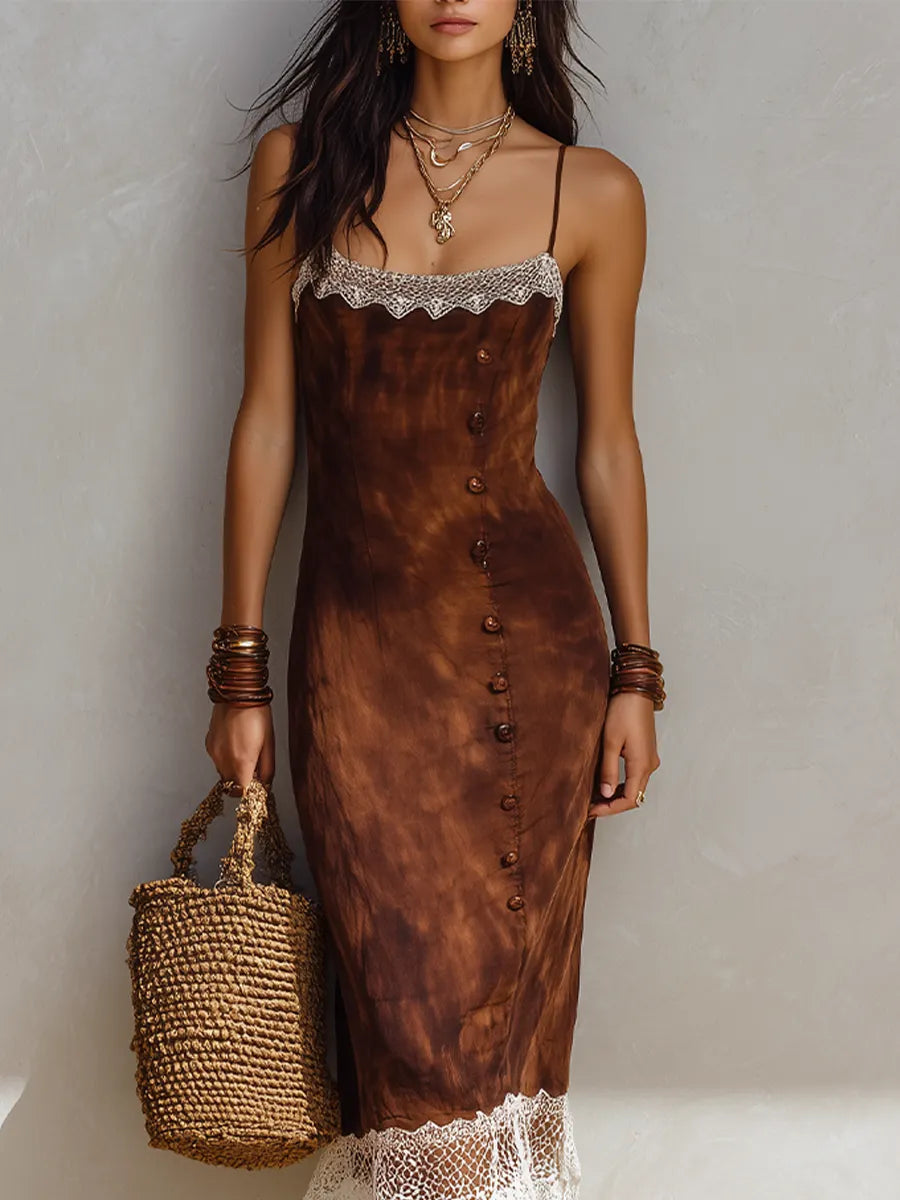 Tie-Dye Lace Trim And Button Embellishment Midi Dress