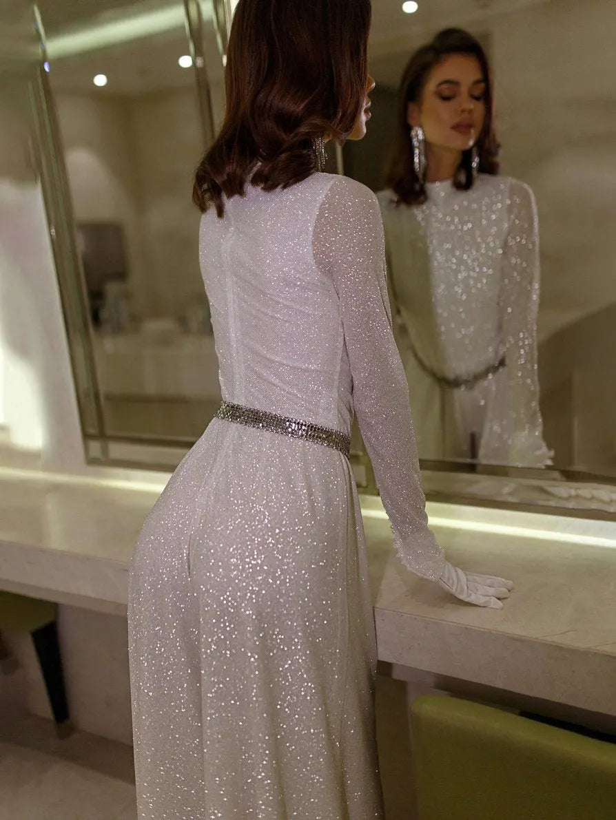 Neosepa-Shimmering Sequin Round neck Wide Leg Graceful Wedding Jumpsuit (Without Gloves)