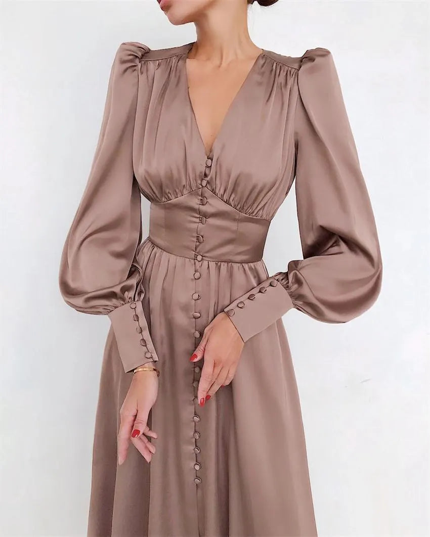 Slim Fit Green V Neck Wrinkled Silk Maxi Dress Puff Sleeve