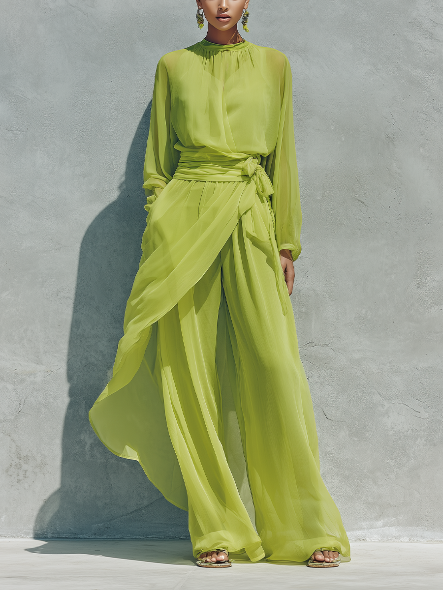 Women’s Lime Green Sheer Chiffon High Neck Balloon Long Sleeve Wrap Tie Waist Overlay Skirt Wide Leg Pants Two Piece Vacation Set MDZ0273G7T