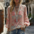 Vintage Floral Embroidered V Neck Casual Tops
