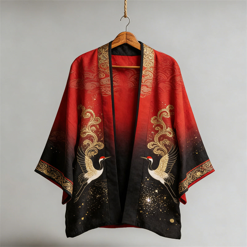 Japanese Cranes Glitter Art Gradient Linen Kimono