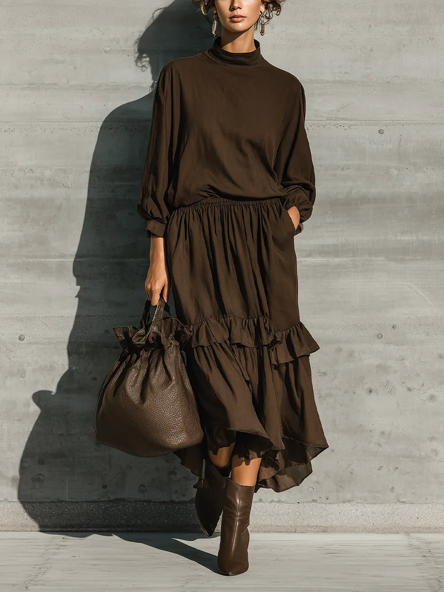 Women's Dark Brown Cotton Blend Mock Neck Balloon Sleeve Top Ruffle Tiered Drawstring Waist Midi Skirt Two Piece Set MDZ1537G8YZJ