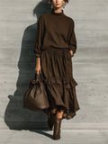 Women's Dark Brown Cotton Blend Mock Neck Balloon Sleeve Top Ruffle Tiered Drawstring Waist Midi Skirt Two Piece Set MDZ1537G8YZJ