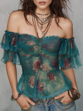 Romantic Boho Off-Shoulder Oil Painting Floral Print Blouse