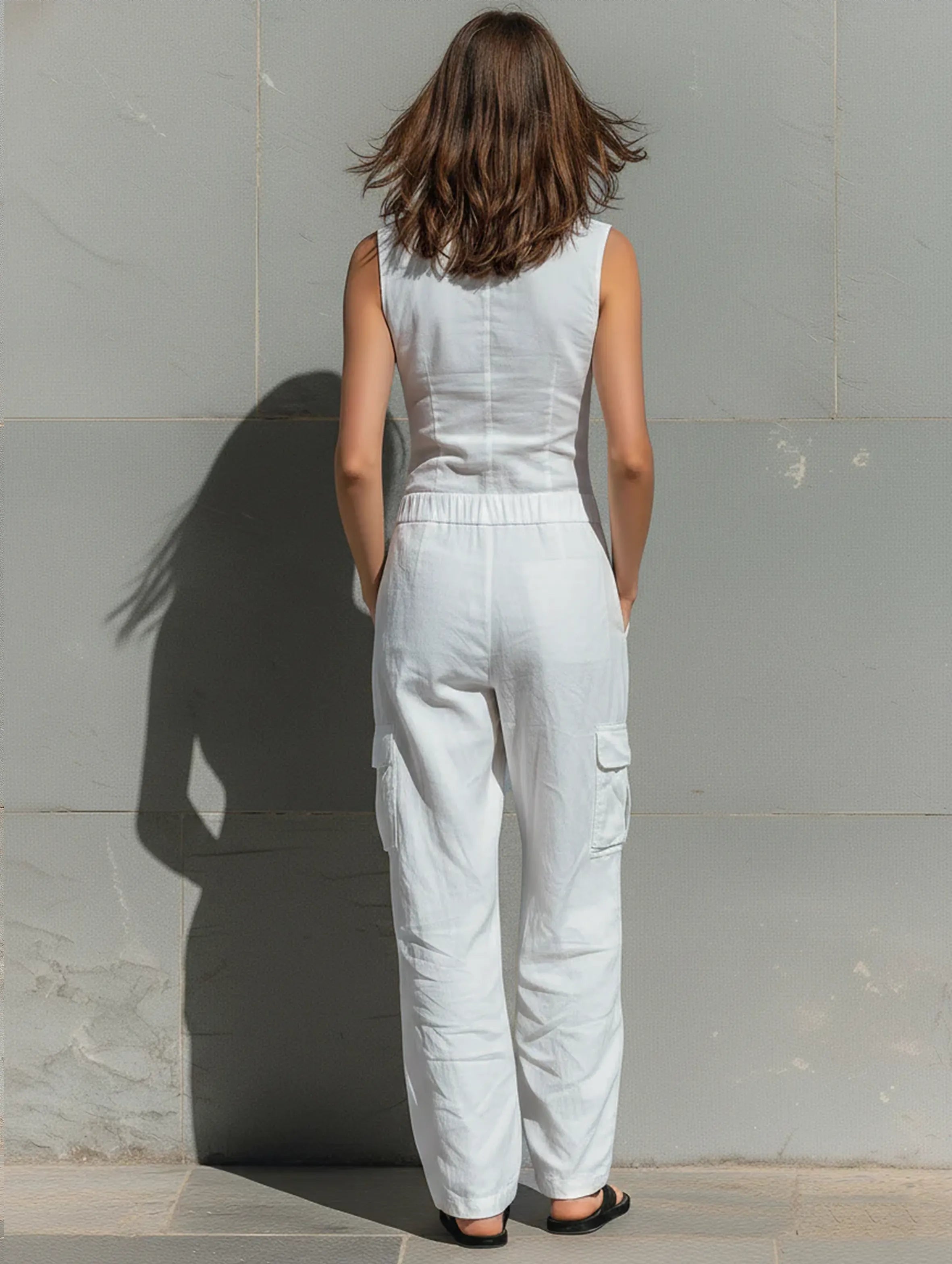 Women's Minimalist Cotton Blend Single-breasted Sleeveless Jumpsuit MDZ1304A4Y
