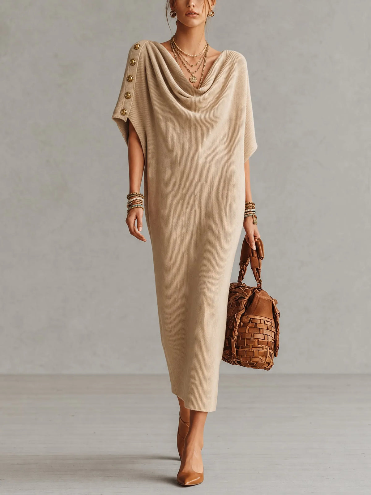 Camel Cowl Neck Knit Maxi Dress With Vintage Button Detail