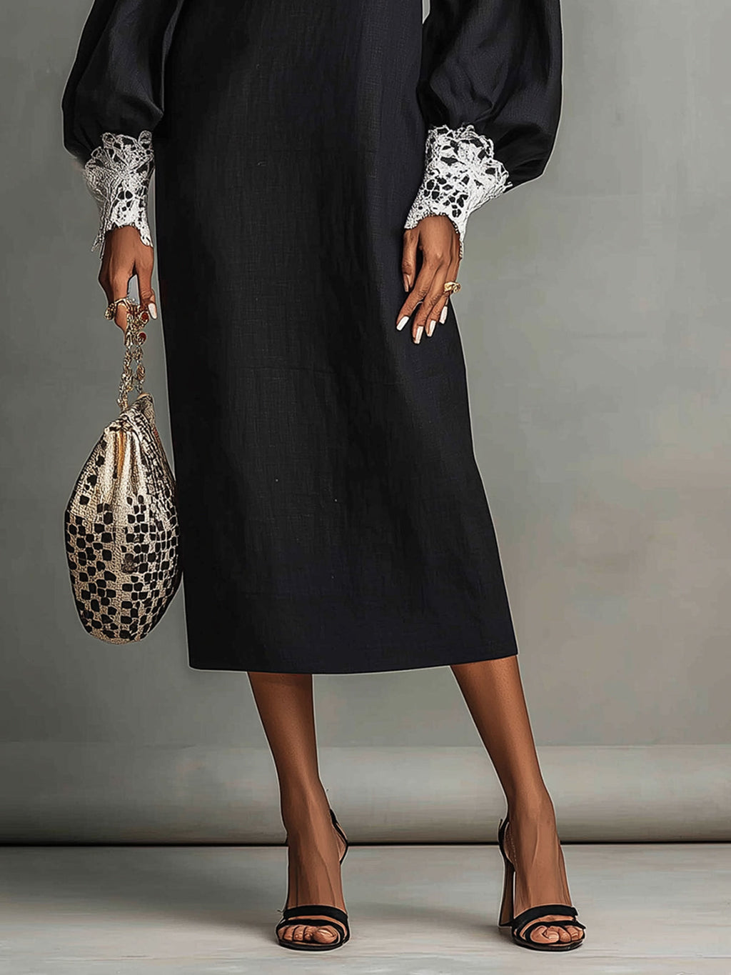 Off-Shoulder Black Lace Trim Midi Dress