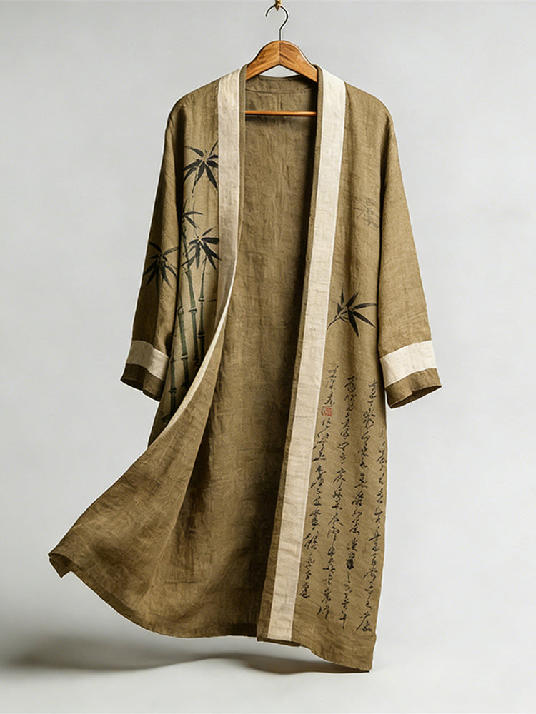 Retro Japanese Bamboo Patterned Linen Flowing Kimono