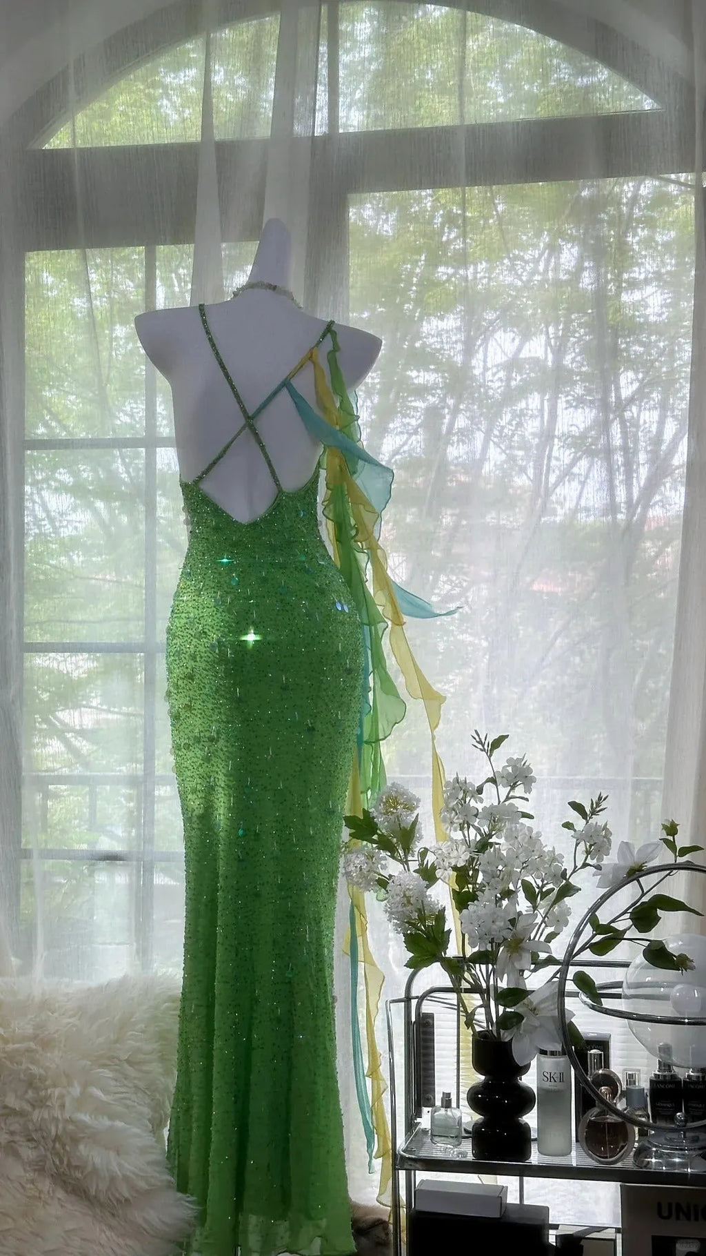 Green Beautiful Charming Fashion Elegant Sparkling Exquisite Sequin Beaded Long Chiffon Ball Gown Evening Gown Birthday Party Gown Prom Gown Graduation Gown 3946