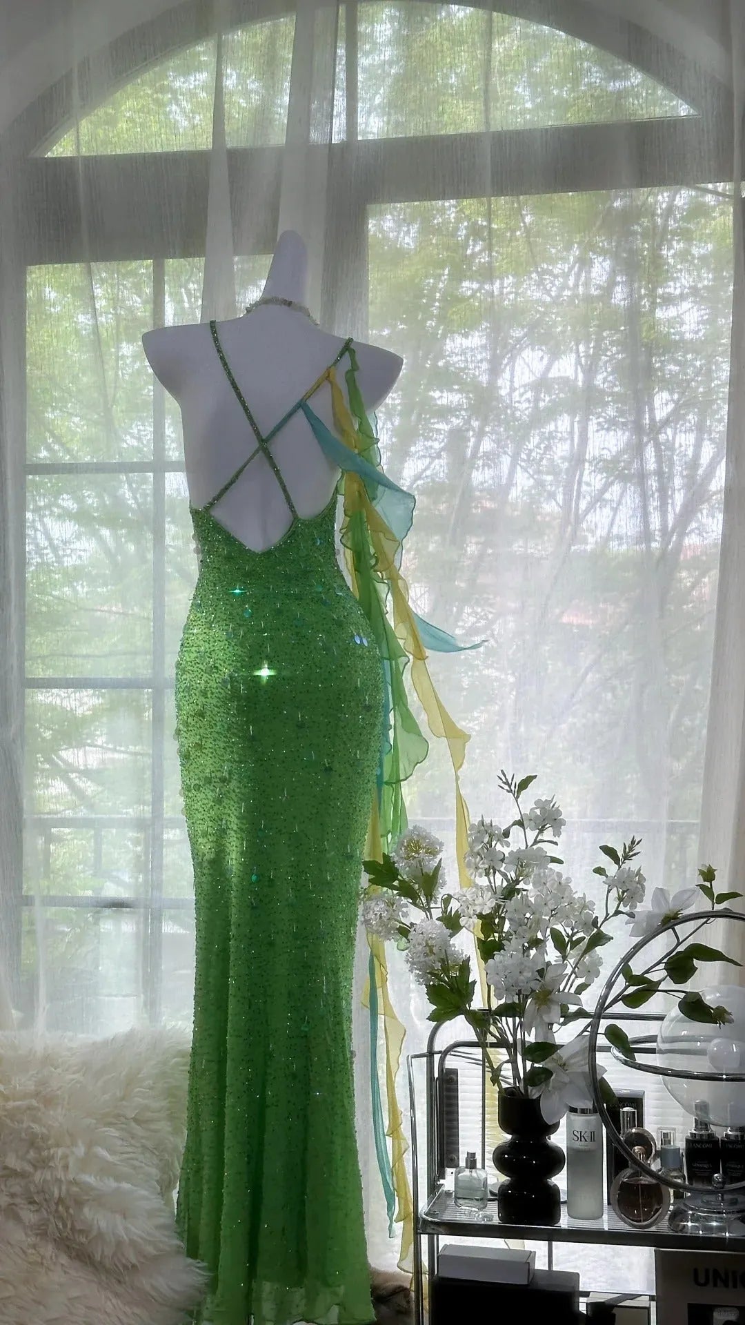 Green Beautiful Charming Fashion Elegant Sparkling Exquisite Sequin Beaded Long Chiffon Ball Gown Evening Gown Birthday Party Gown Prom Gown Graduation Gown 3946