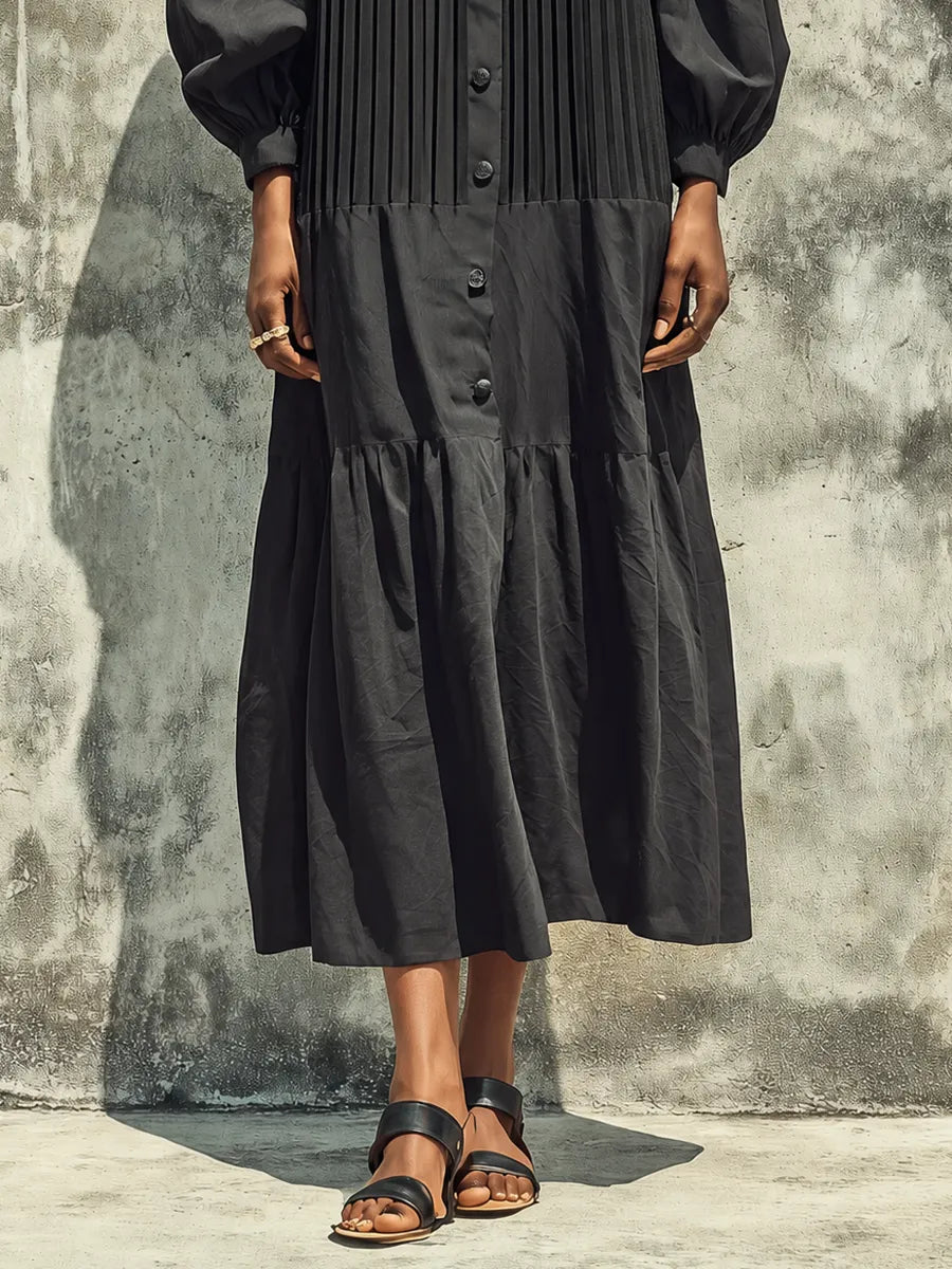 Women's Solid Black Cotton Blend Lapel Vertical Pleat Front Gathered Cuff Loose Fit Tiered Ruffle Midi Shirt Dress MDZ2092G4YZJ