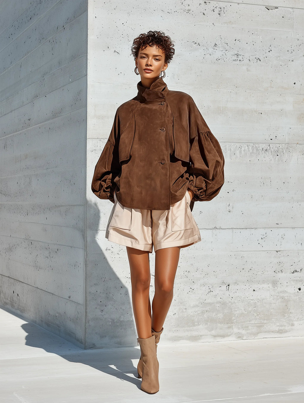 Women's Brown Faux Suede Stand Collar Puff Gathered Cuff Oversized Jacket MDZ1693G6YZJ