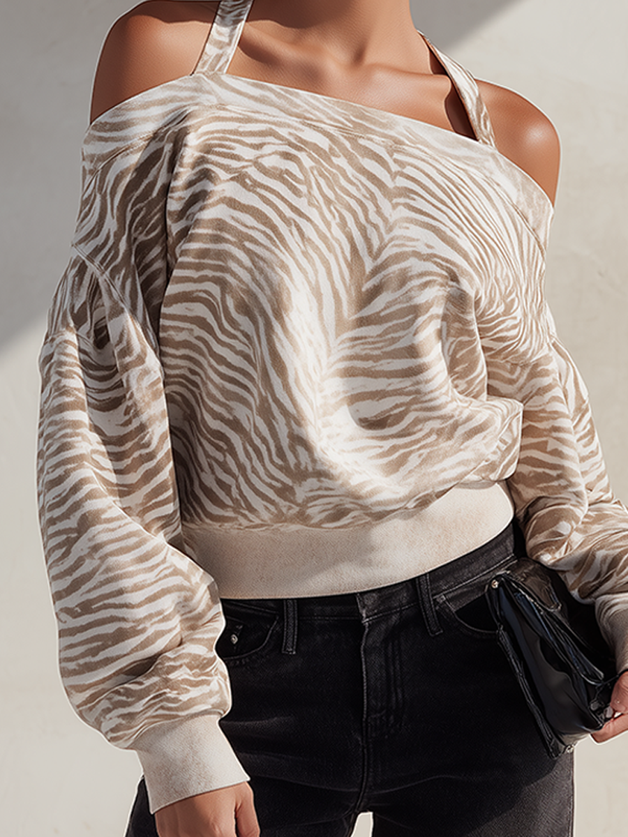 Women's Zebra Print Halter-Neck Off-Shoulder Long-Sleeve Cotton-Blend Top MDZ2452G6ZRK