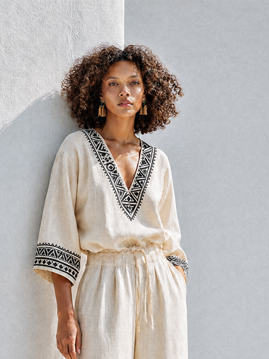 Women's Bohemian Resort-Style Beige Geometric-Embroidered V-Neck Bishop-Sleeve Drawstring Wide-Leg Linen Set MDZ1370G6CMX