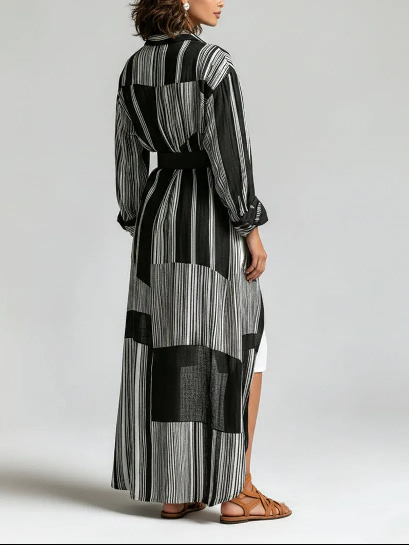 Striped Long Shirt Dress & White Mid-Length Shorts Set (With Belt)