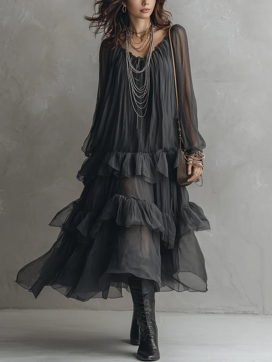 Sheer Layered Ruffle Midi Dress