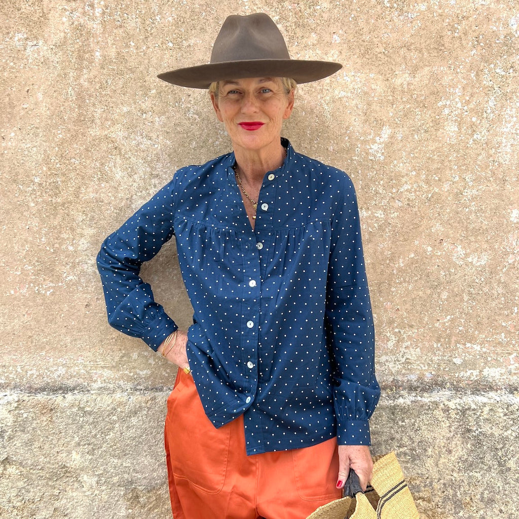 Blouse Small Polka Dots N. 18 - French Vintage Gathered Shirt with Mandarin Collar | Dadihouse